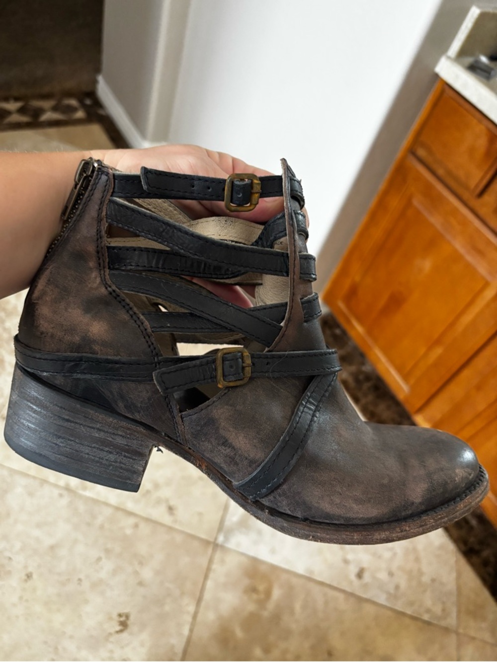 Women's Distressed Brown Cutout Ankle Booties with Strap Detail - Picture 3 of 3